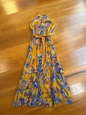 Candalite Petite Yellow Floral Maxi Dress  Tiered Mesh